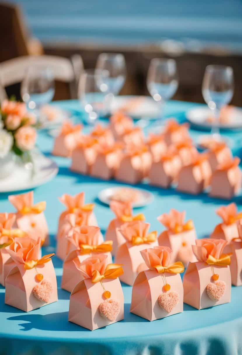 Peach colored wedding favors arranged on a sea blue table with peach accents