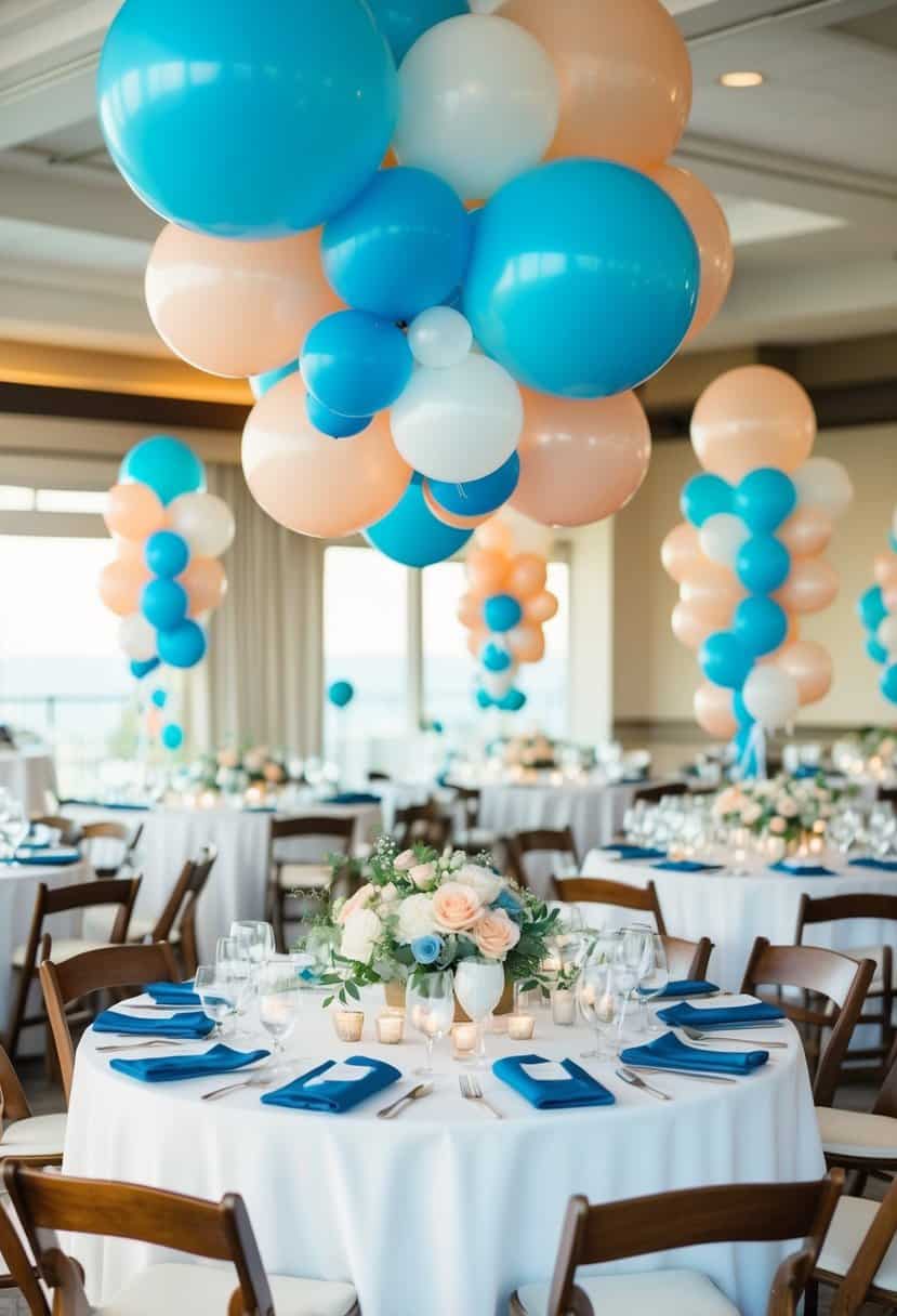 A wedding reception with sea blue and peach balloons decorating the venue, creating a soft and elegant atmosphere