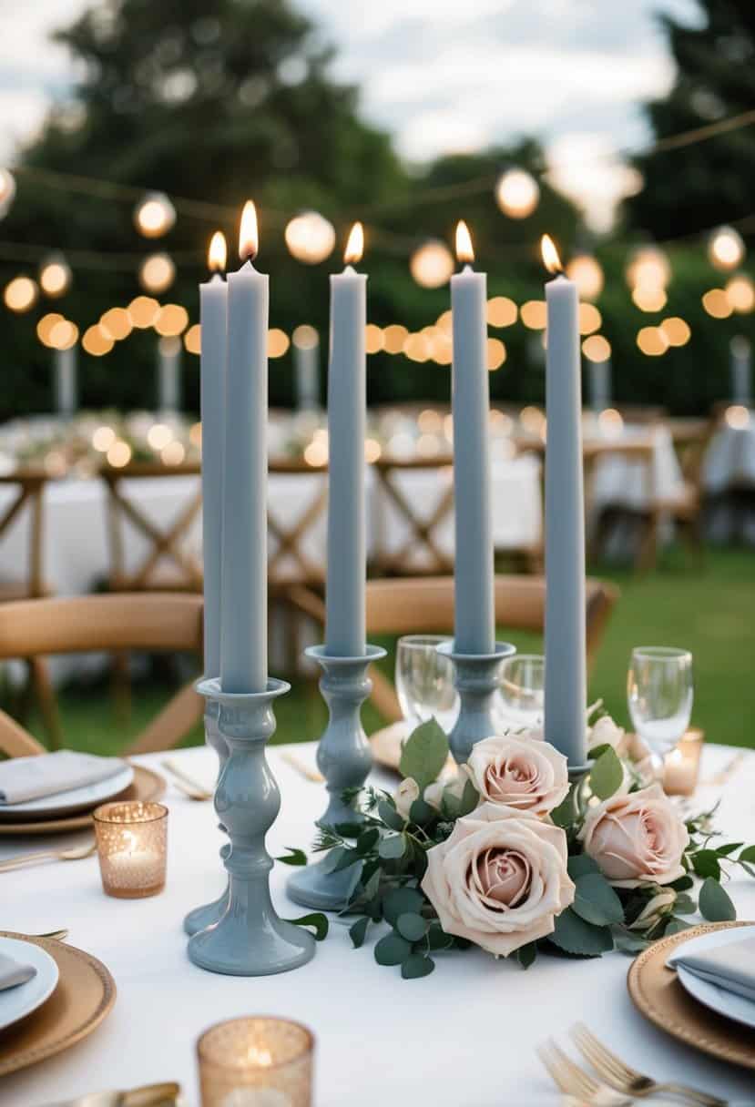 A table set with grey taper candles and old rose accents for a wedding
