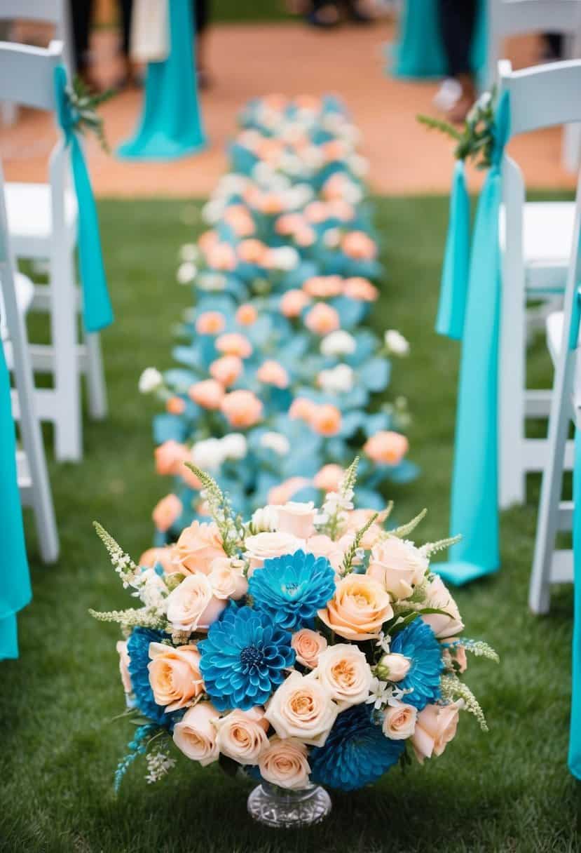 A sea blue and peach-colored floral aisle decor at a wedding ceremony