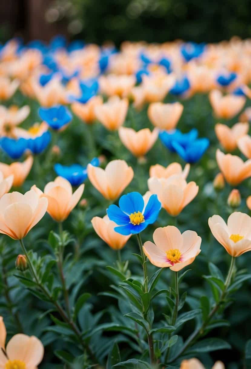 A garden of peach and sea blue flowers, with fluttering petals in the breeze