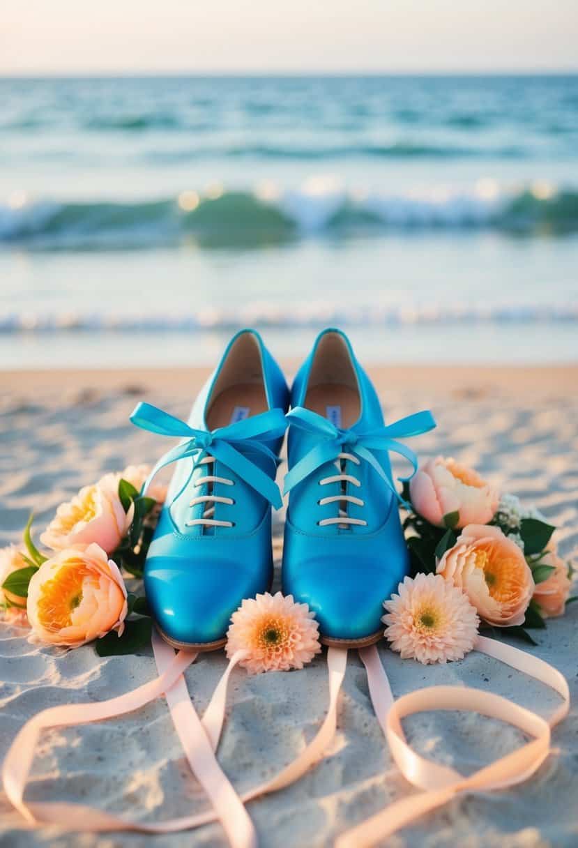 Sea blue wedding shoes surrounded by peach-colored flowers and ribbons, set against a backdrop of a serene beach with gentle waves