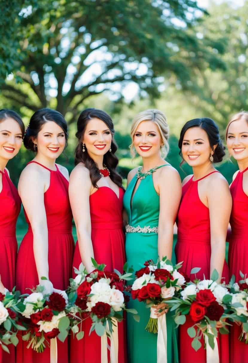A vibrant emerald and red wedding color scheme with elegant bridesmaid dresses and floral accents