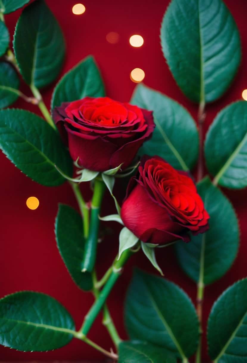 A close-up of two red rose boutonnieres against a backdrop of emerald green leaves and a deep red background