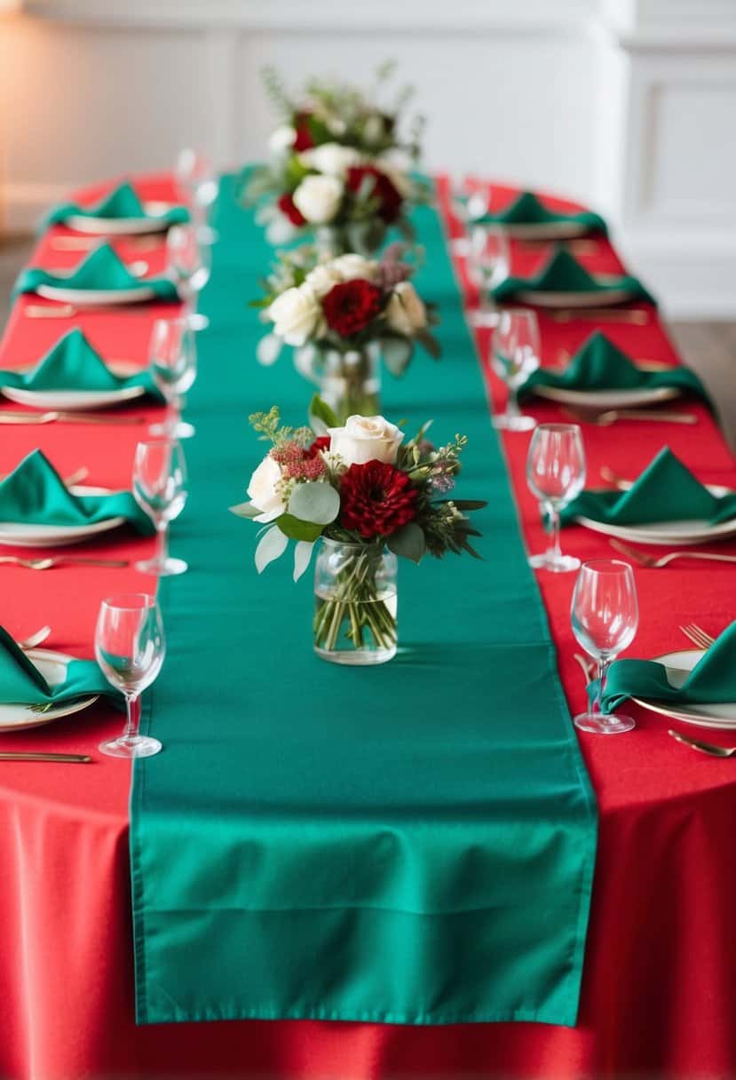 Emerald table runners on a red tablecloth with matching napkins and floral centerpieces