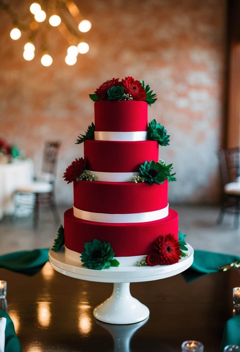 A three-tiered red velvet wedding cake adorned with emerald green and red floral decorations