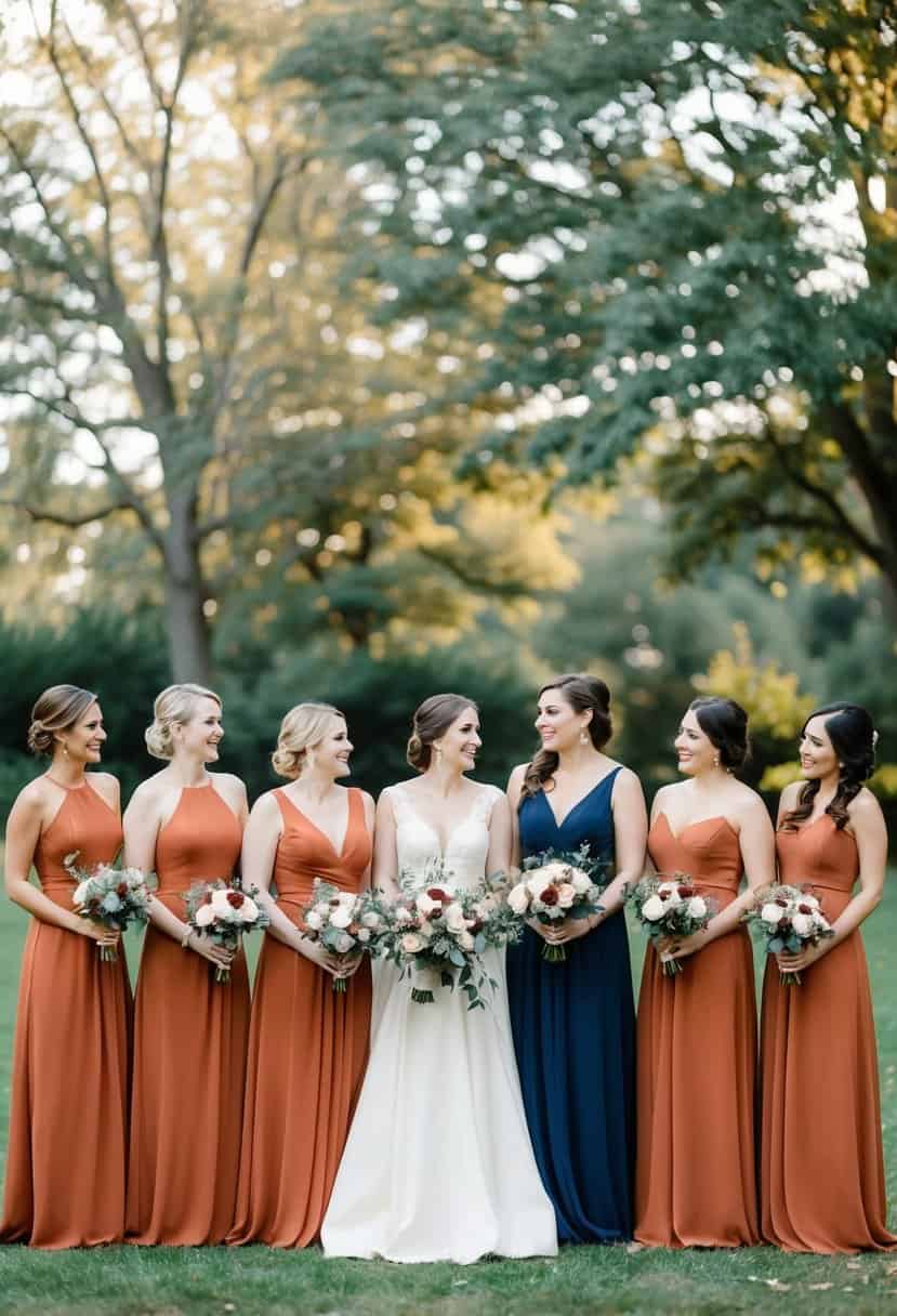 A group of bridesmaid dresses in terracotta and navy, arranged in a stylish wedding color palette