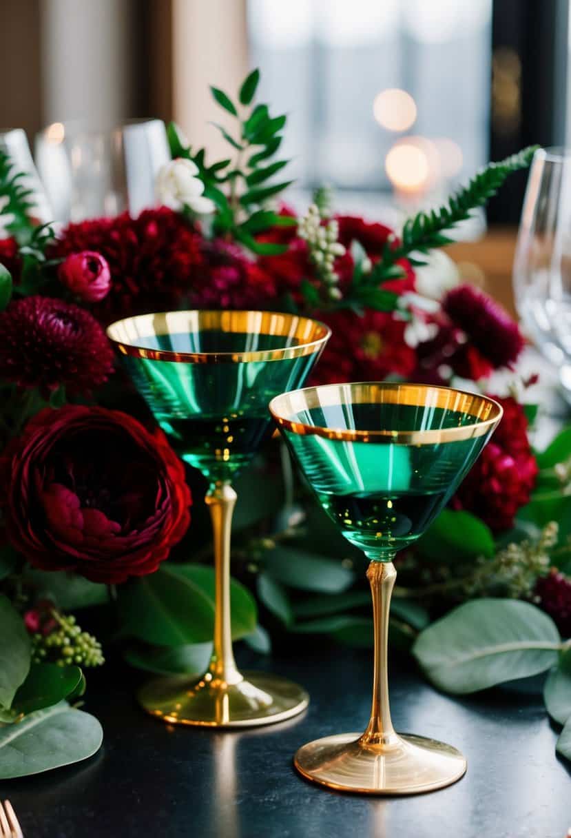 Two gold-rimmed emerald wine glasses stand on a table, surrounded by deep red flowers and green foliage, creating a luxurious and elegant wedding color scheme