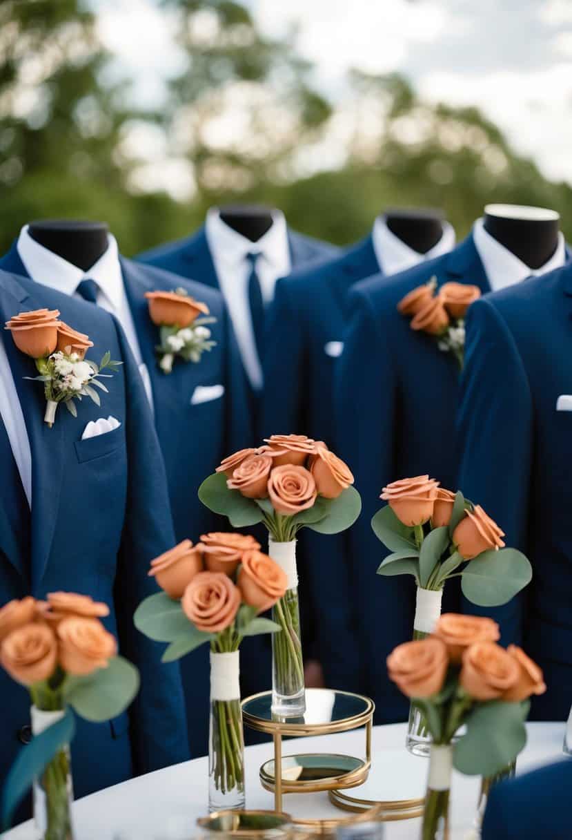 A group of navy suits adorned with terracotta boutonnieres arranged on a table