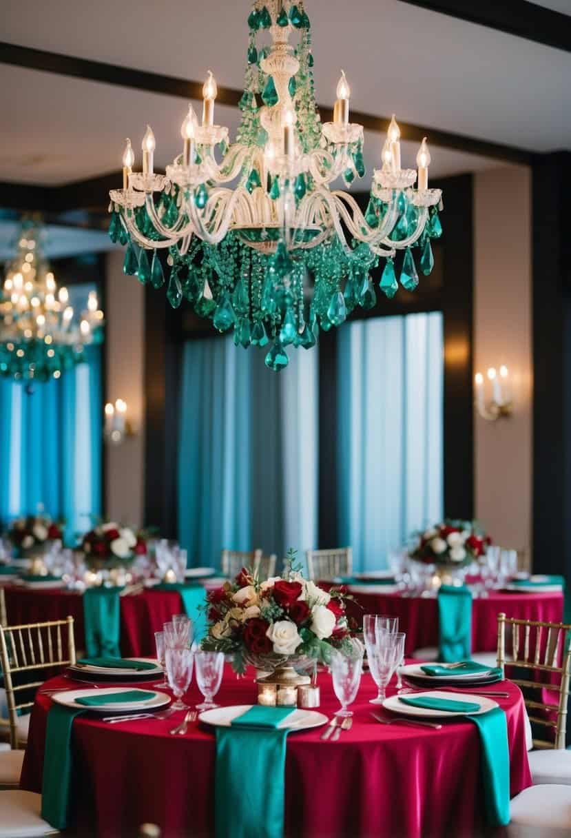 An emerald crystal chandelier hangs above a rich red and emerald wedding table setting, with floral centerpieces and elegant place settings