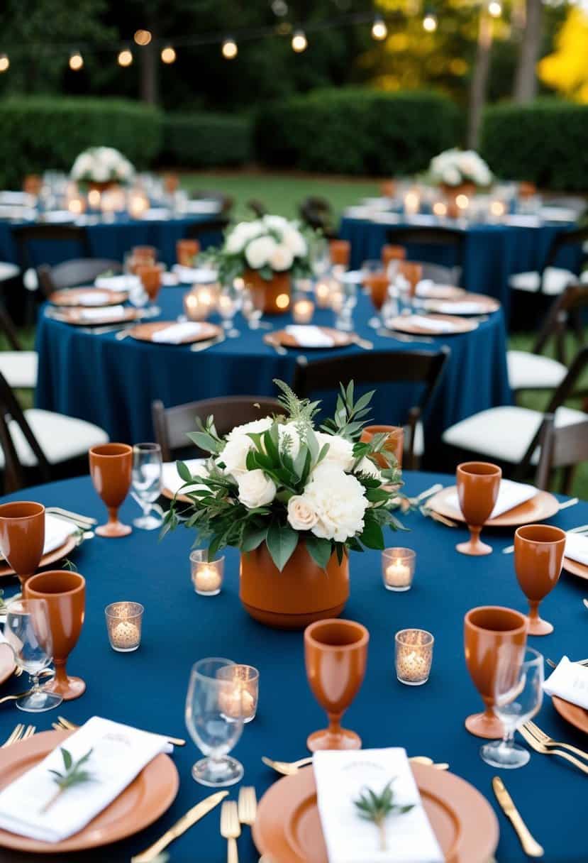 Navy tablecloths adorned with terracotta centerpieces, creating an elegant and cohesive wedding color scheme