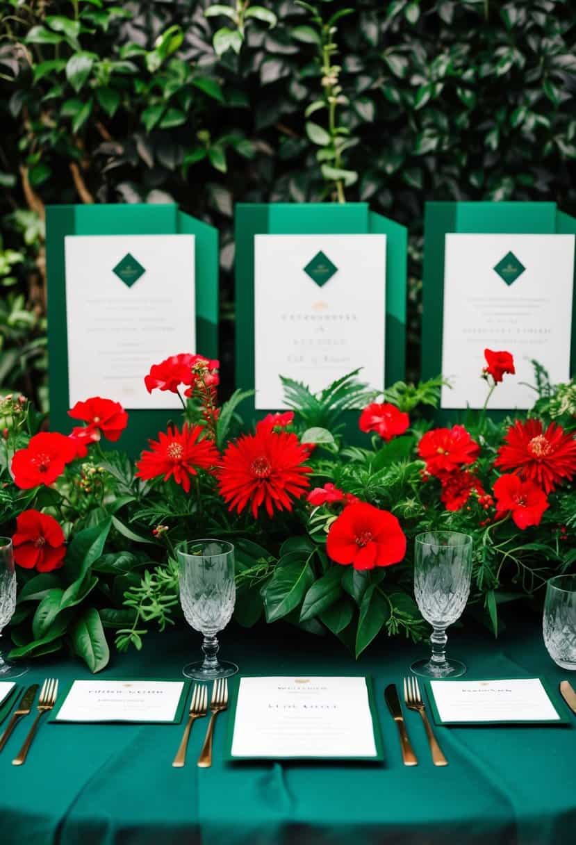 A lush emerald garden with vibrant red flowers and foliage, set against a backdrop of elegant wedding stationery in matching emerald and red tones