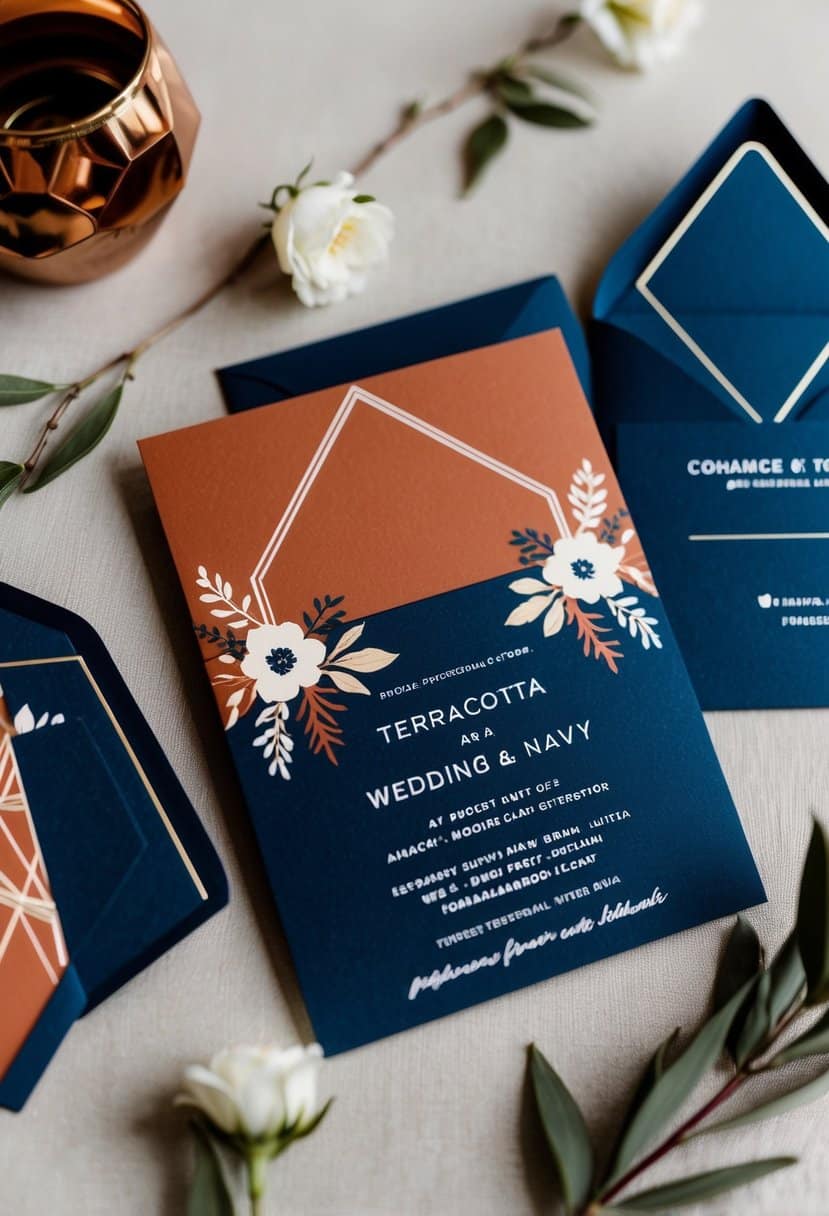 A terracotta and navy wedding invitation suite with elegant floral and geometric designs