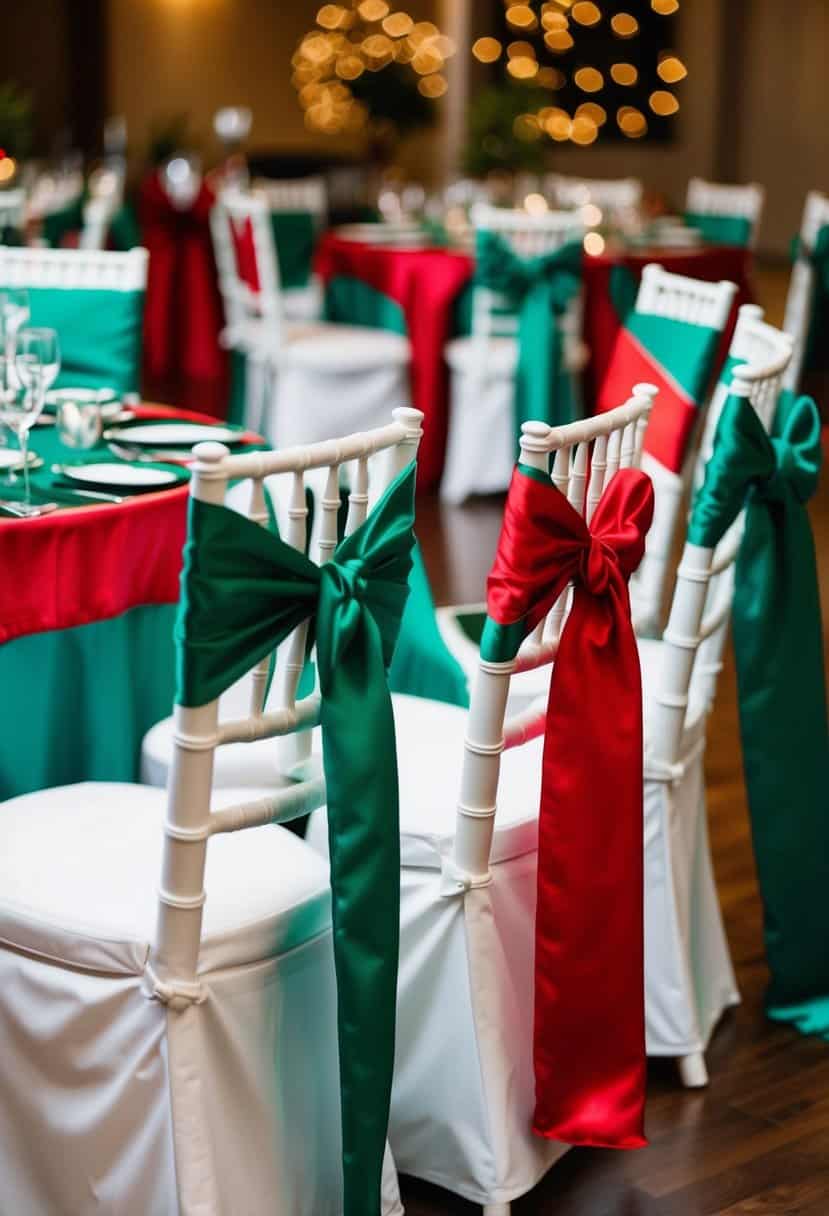 Emerald and red silk sashes draped over chairs at a wedding reception
