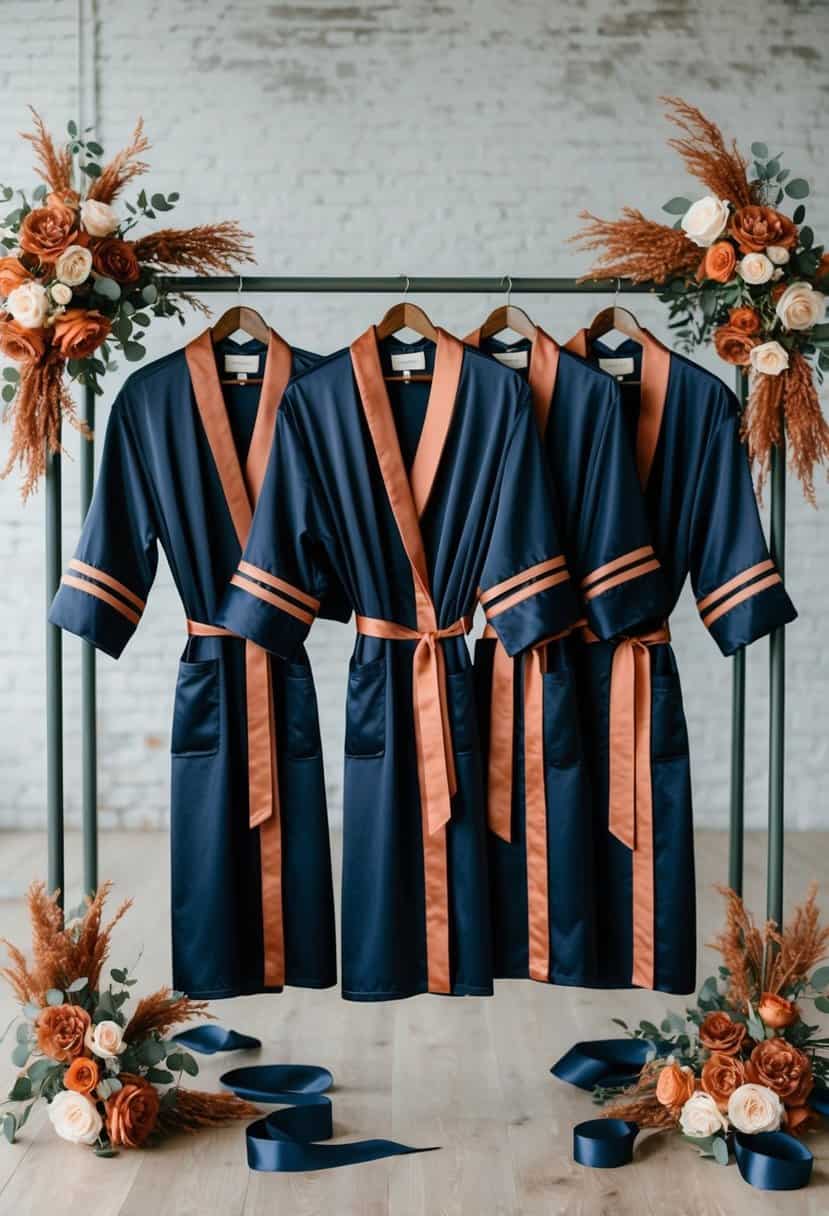 A group of navy bridesmaid robes with terracotta accents hanging on a rack, surrounded by terracotta-colored floral arrangements and navy ribbon
