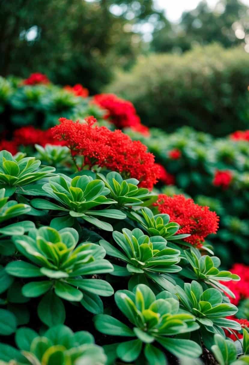 Lush emerald greenery with pops of vibrant red accents