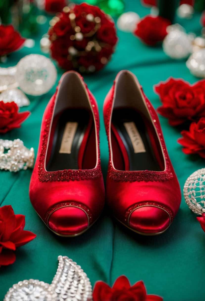 A pair of red satin wedding shoes surrounded by emerald green and red wedding decor