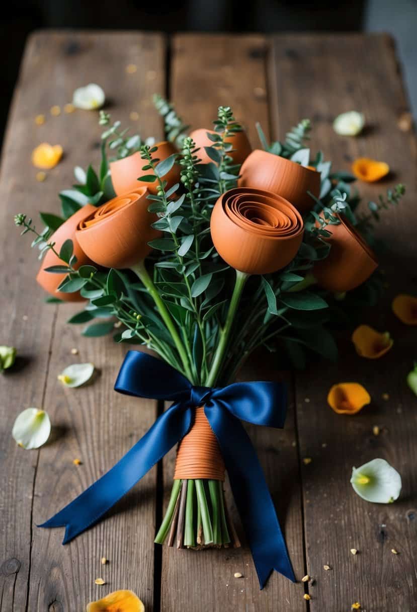 A terracotta bouquet tied with navy ribbon sits on a rustic wooden table, surrounded by scattered petals and greenery