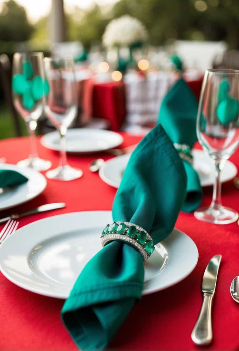 Emerald napkin rings on a red tablecloth with matching decor for a wedding reception