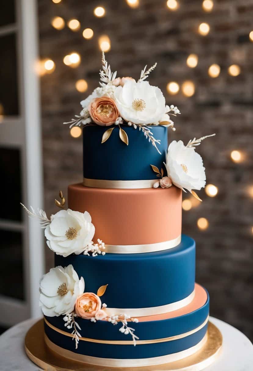 A three-tiered wedding cake with navy and terracotta fondant, adorned with delicate floral decorations and gold accents
