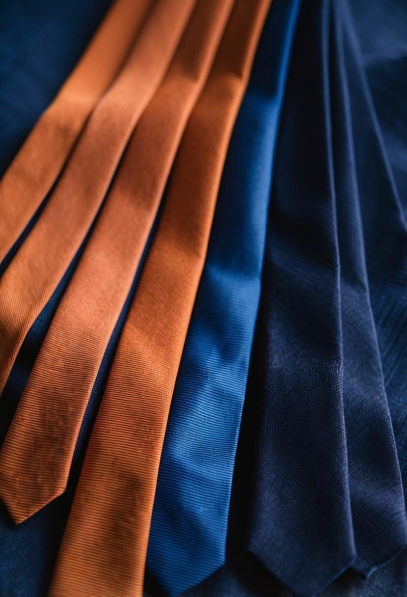A group of terracotta-colored ties arranged next to navy fabric swatches