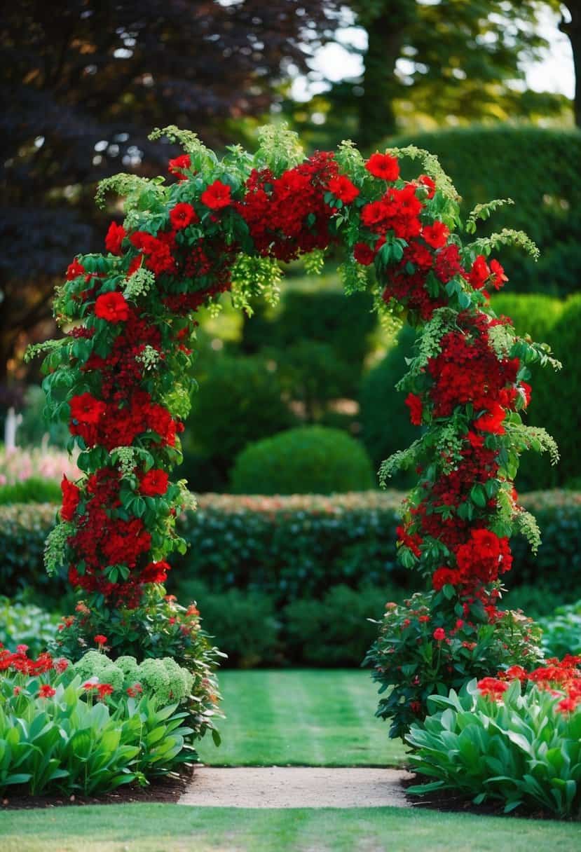 A lush garden arch adorned with vibrant red and emerald flowers