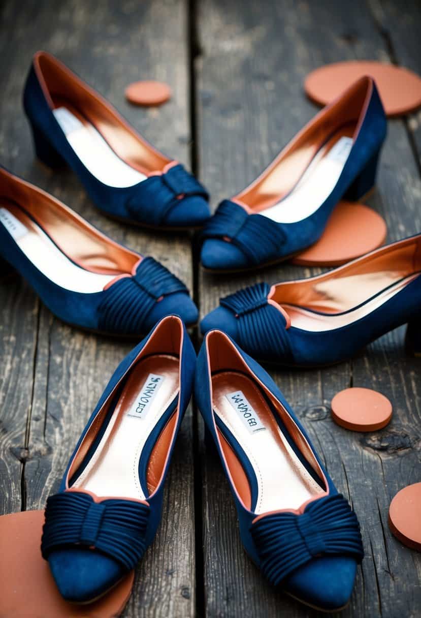 Navy bridesmaid shoes with terracotta details arranged on a rustic wooden surface with terracotta accents