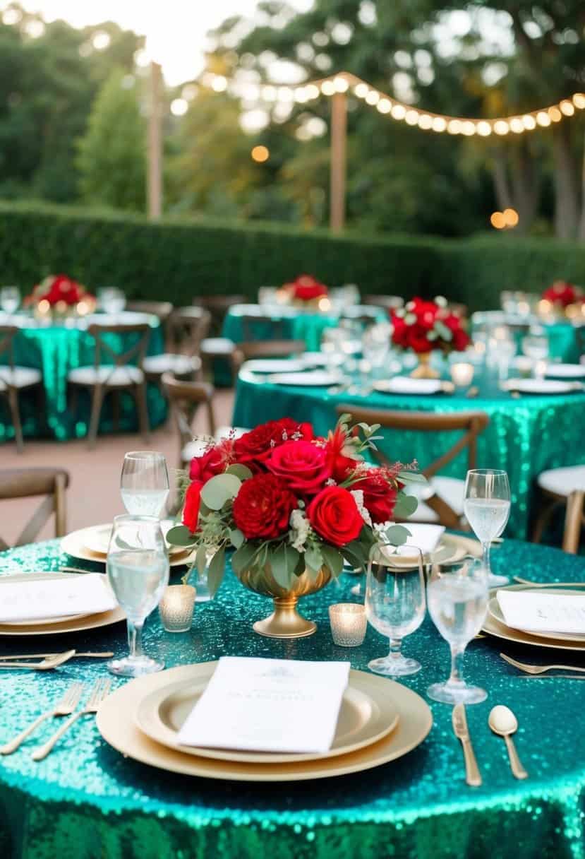An elegant table set with emerald sequin tablecloths and adorned with red floral arrangements