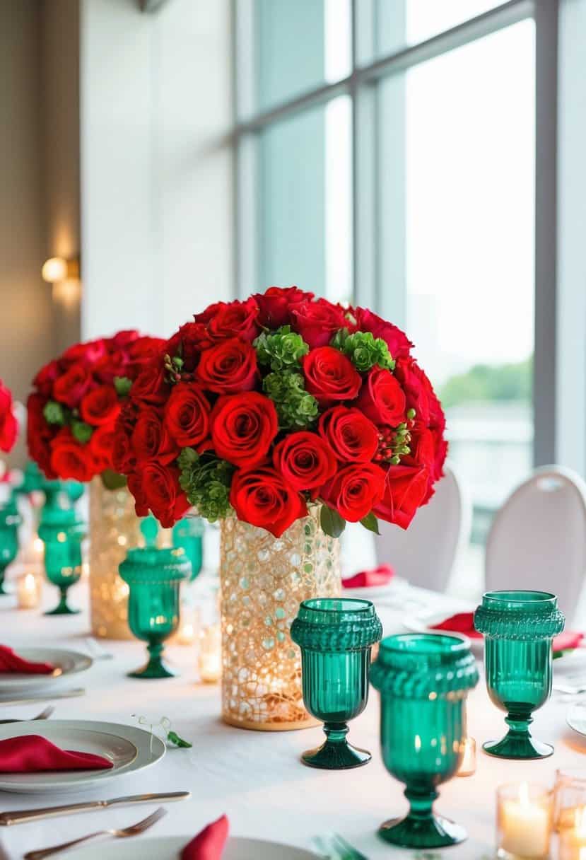 A table adorned with custom red and emerald centerpieces, creating a vibrant and elegant atmosphere for a wedding celebration