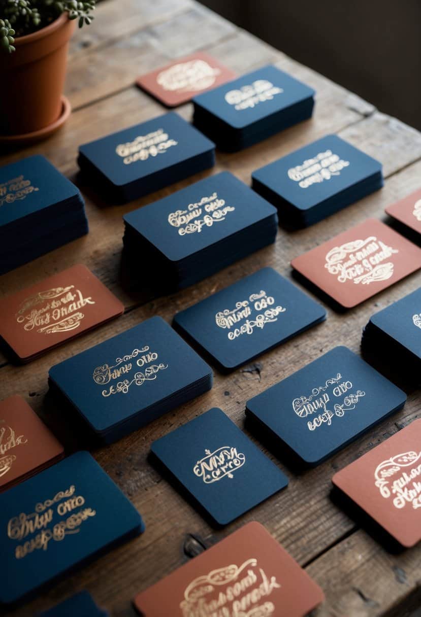 Navy escort cards arranged with terracotta calligraphy on a rustic wooden table