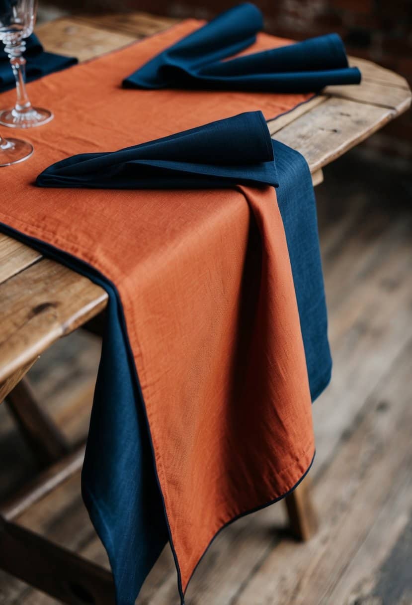 Terracotta linens with navy napkins draped over a rustic wooden table