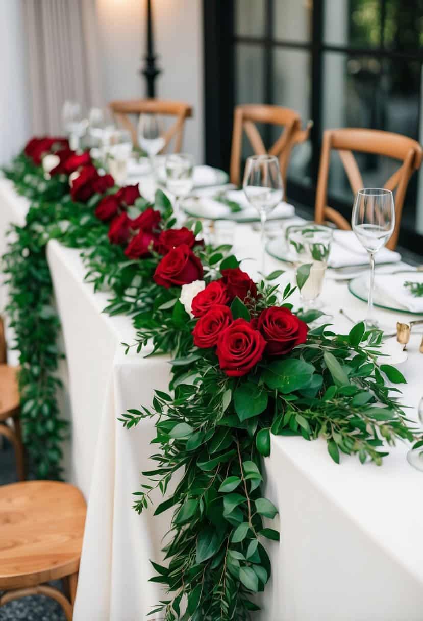 A lush garland of red roses and emerald greenery adorns a wedding table
