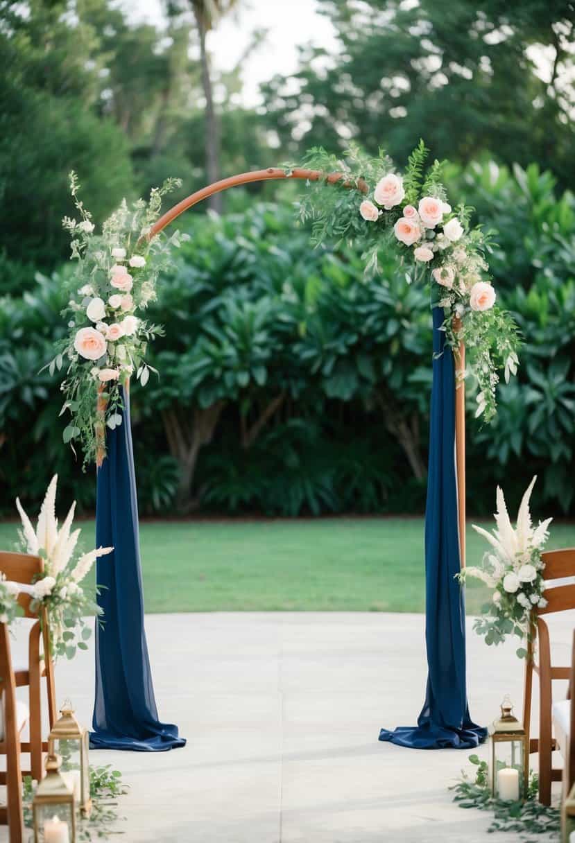 A navy and terracotta ceremony arch adorned with flowers and greenery, set against a backdrop of lush foliage and a serene outdoor setting