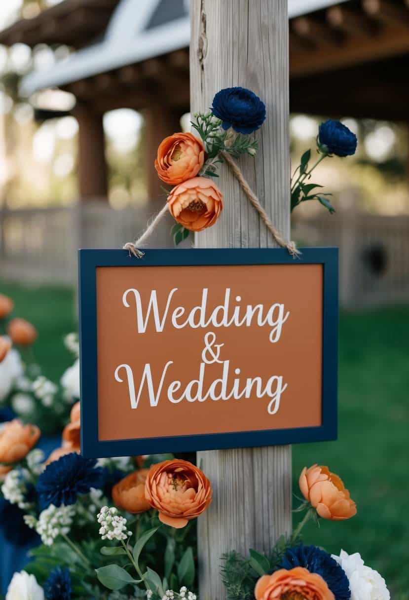 A terracotta and navy wedding sign hanging from a rustic wooden post, surrounded by blooming terracotta and navy flowers
