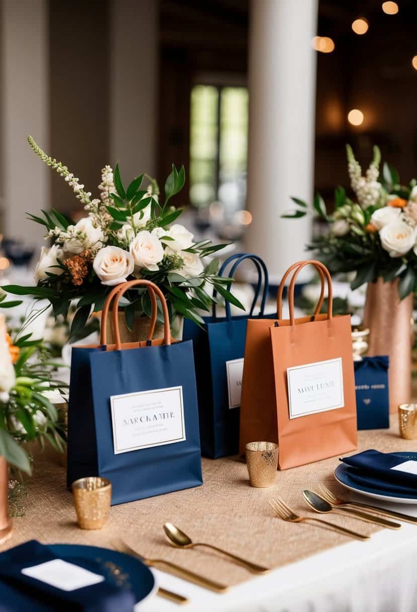 A table adorned with navy and terracotta wedding favor bags, surrounded by matching decor and floral arrangements
