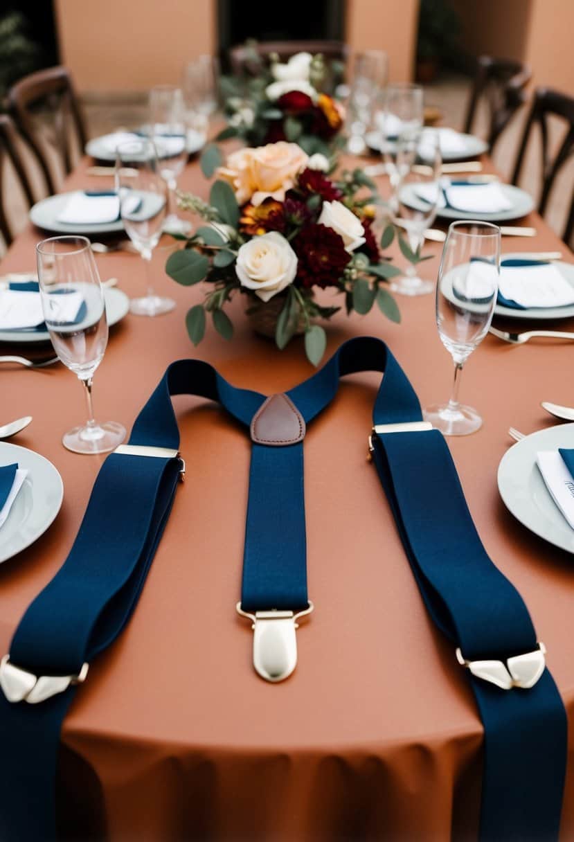 Navy suspenders draped over a terracotta-colored table, surrounded by matching wedding decor and accessories