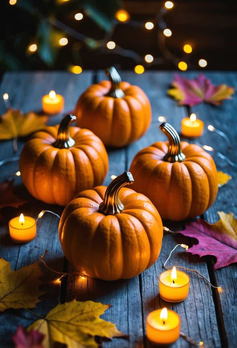 Pumpkin candle holders arranged on a rustic wooden table, surrounded by autumn leaves and small twinkling lights