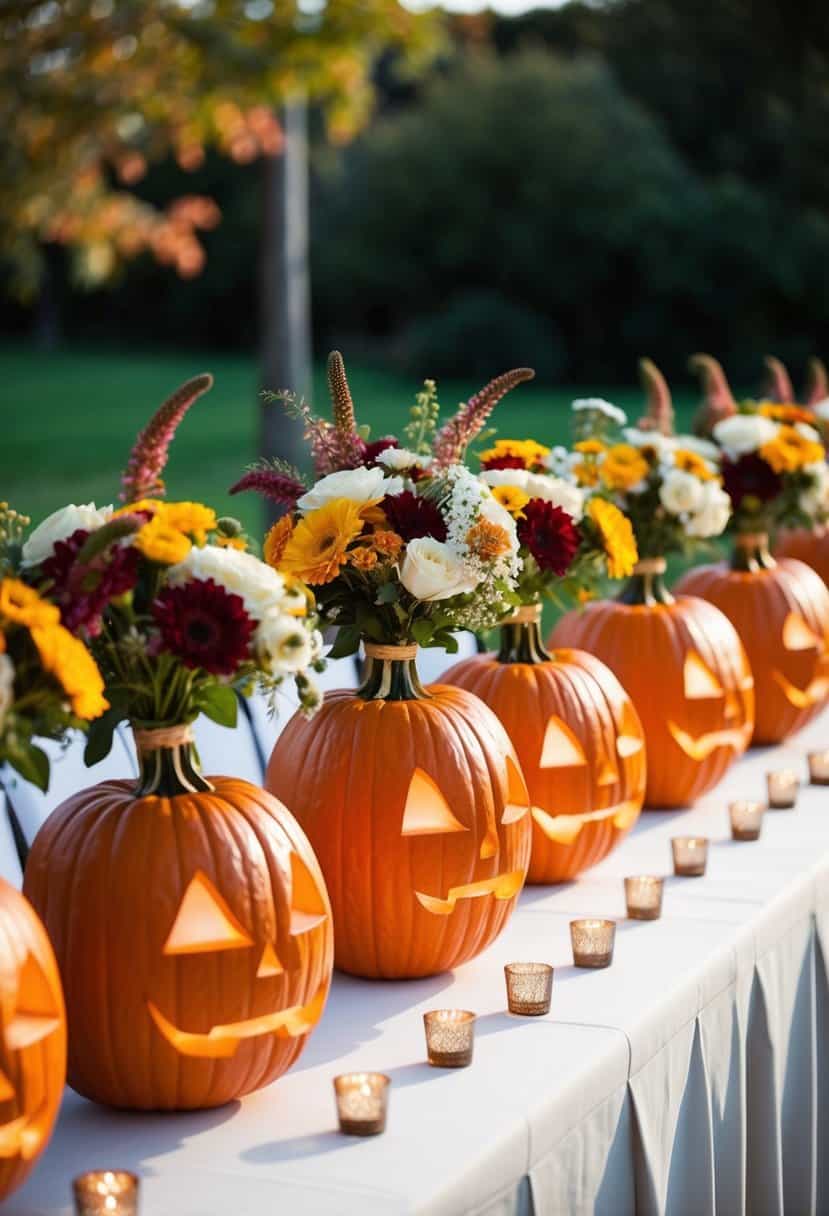 A row of carved pumpkin vases filled with flowers, serving as wedding decor