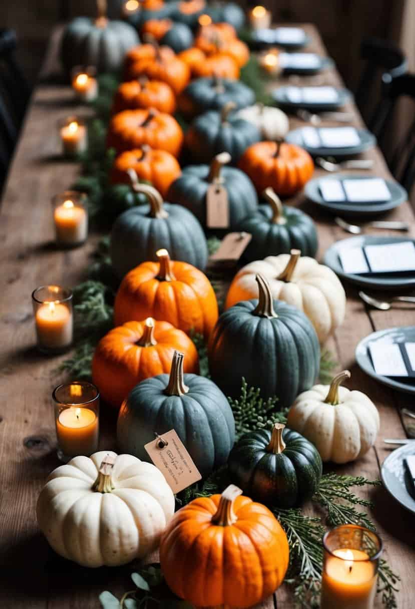 Mini pumpkins arranged in rows, each with a small tag, on a rustic wooden table with greenery and candles