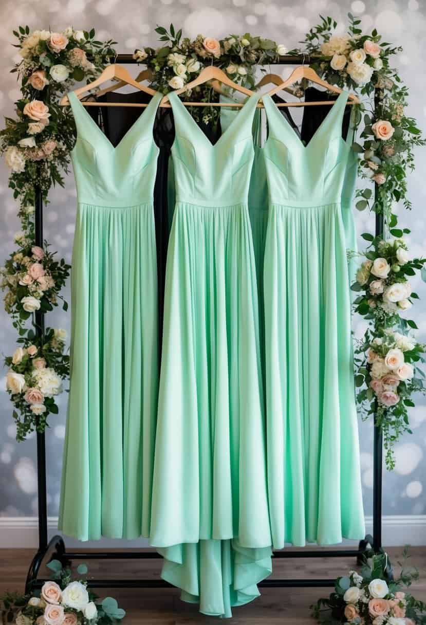 A group of mint green bridesmaid dresses hanging on a clothing rack, surrounded by floral bouquets and wedding decorations