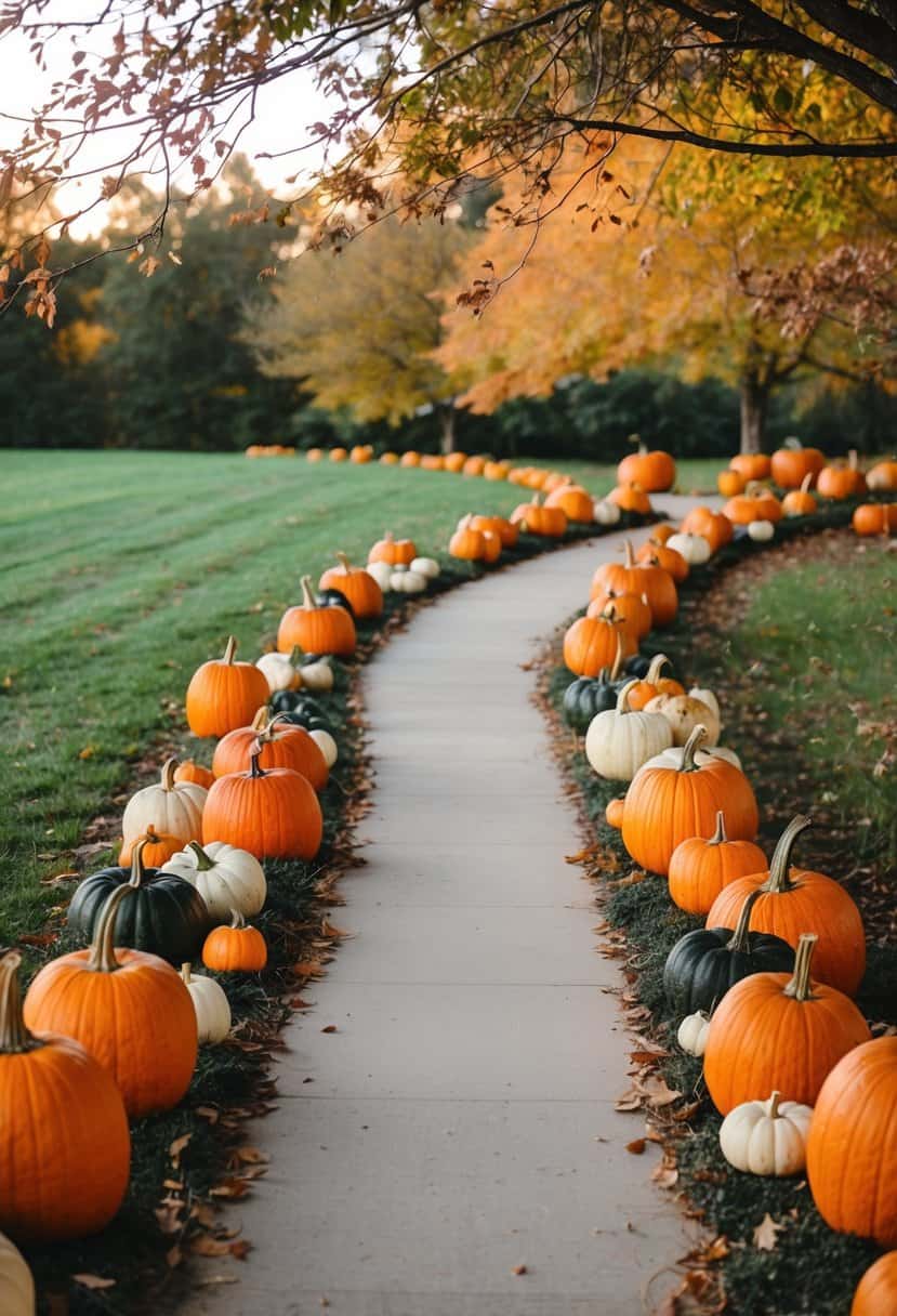 A winding walkway through a pumpkin patch, adorned with rustic wedding decor ideas like carved pumpkins and fall foliage