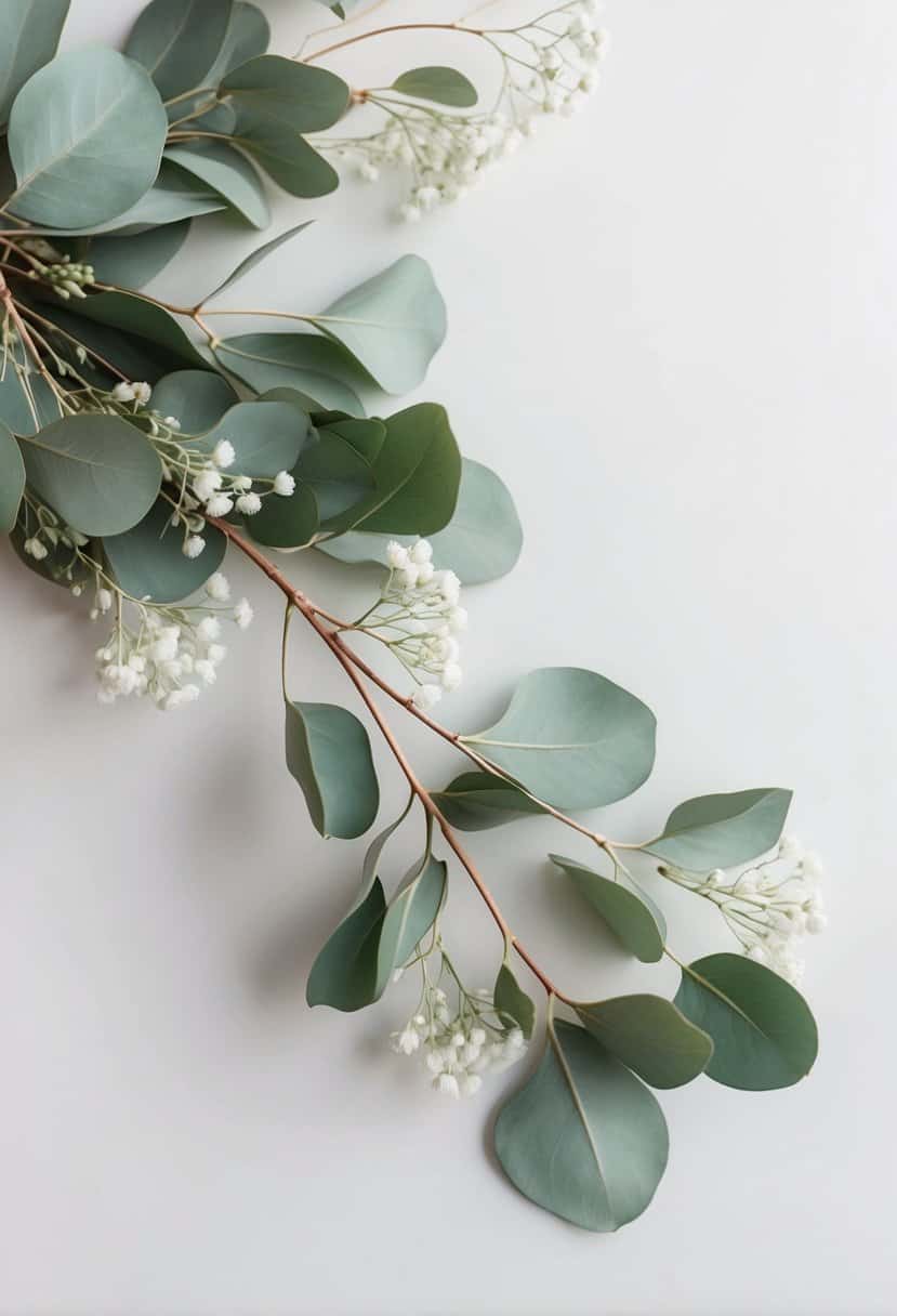 A lush eucalyptus branch with delicate mint green leaves, intertwined with white florals, set against a clean, modern background