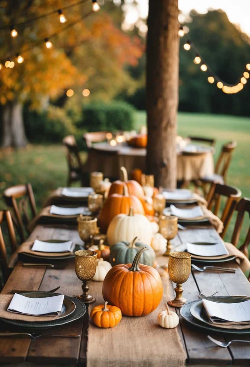 A rustic wooden table adorned with burlap and pumpkin centerpieces, creating a cozy and charming atmosphere for a fall wedding celebration