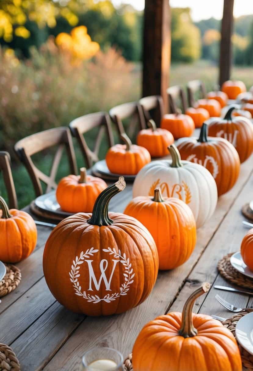 A rustic wooden table adorned with carved and painted pumpkins, featuring elegant monogram designs for a wedding celebration