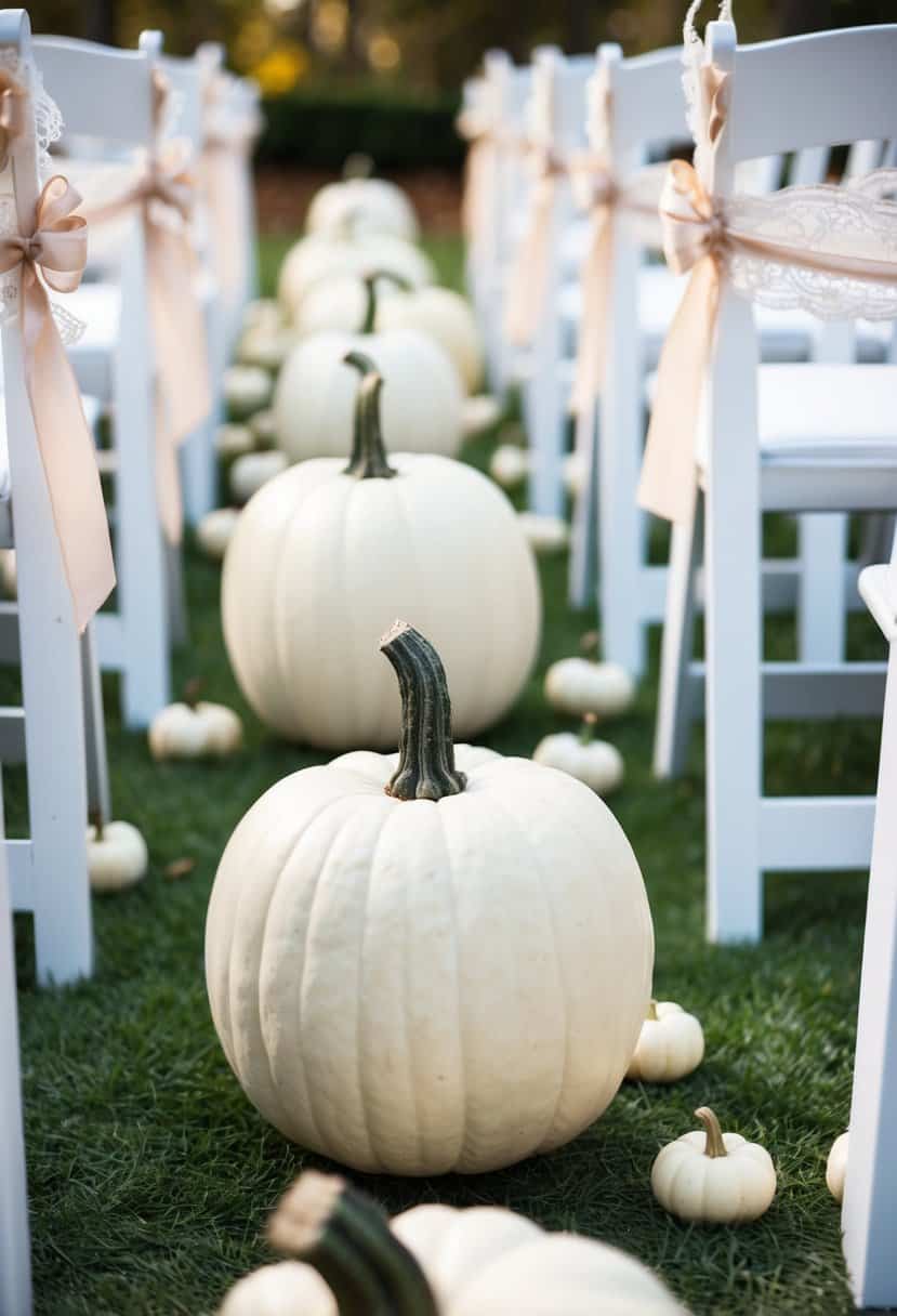 Aisle lined with white pumpkins, adorned with delicate lace and ribbon accents for a wedding decor
