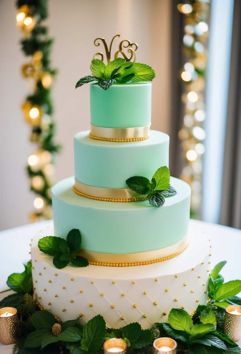 A three-tiered wedding cake adorned with mint green and gold accents, surrounded by fresh mint leaves and golden decorative elements