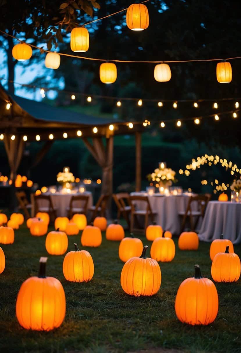 A garden filled with glowing pumpkin lanterns, casting a warm and enchanting light over a rustic wedding celebration