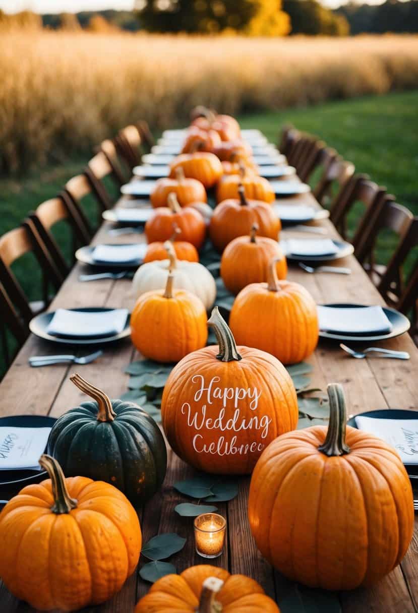 A rustic wooden table adorned with pumpkins of varying sizes, each displaying a guest's name for a fall wedding