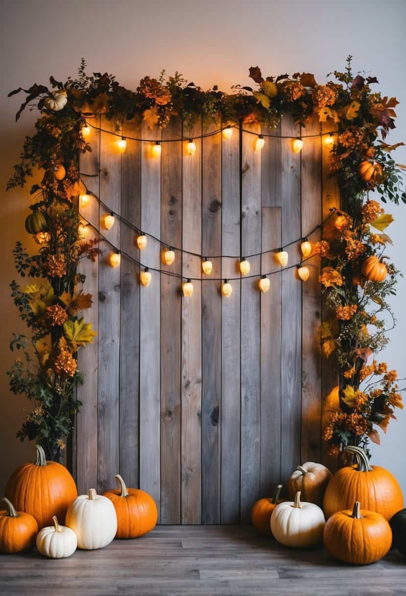 A rustic wooden backdrop adorned with pumpkins, fall foliage, and twinkling string lights, creating a cozy and festive atmosphere for a wedding photo booth