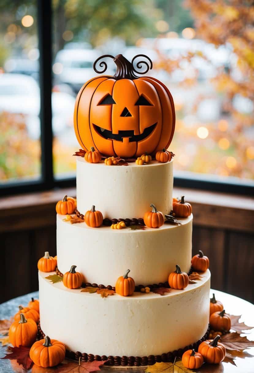 A pumpkin-themed cake topper sitting atop a three-tiered wedding cake adorned with autumn leaves and tiny pumpkins